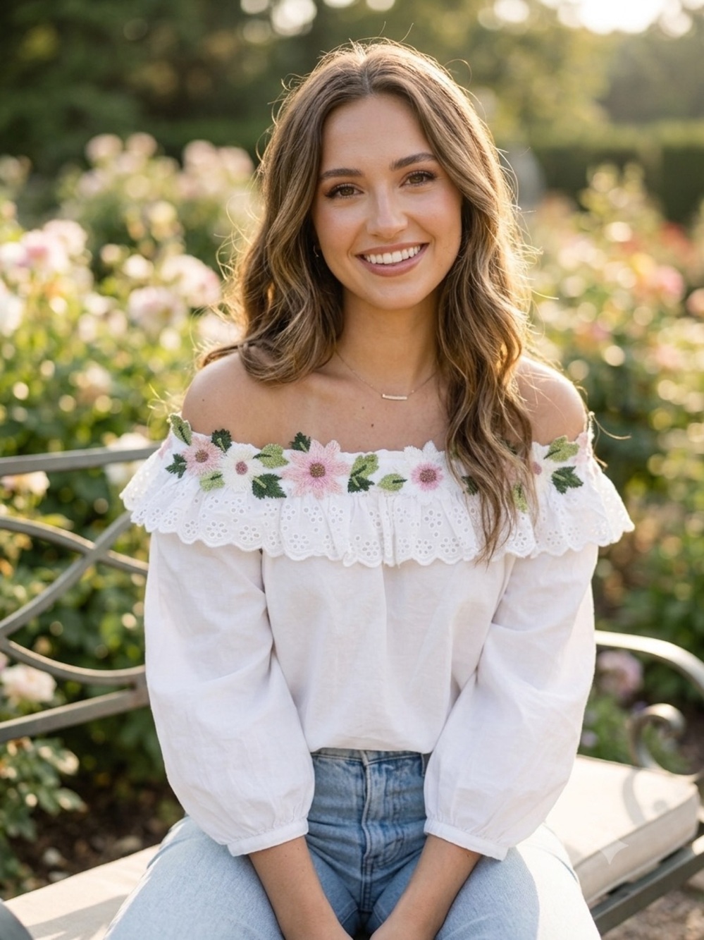 White Off-Shoulder Eyelet Top with Pink Floral Embroidery